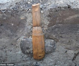 Stone Age axe discovered complete with its WOODEN handle Stone Age axe discovered complete with its WOODEN handle