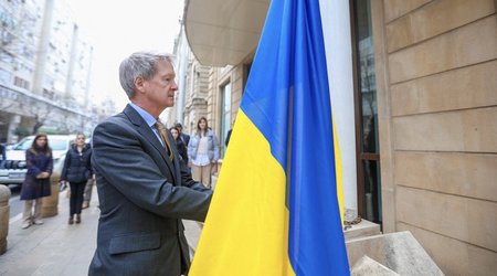 Ukrainian flag flies outside British embassy in Baku