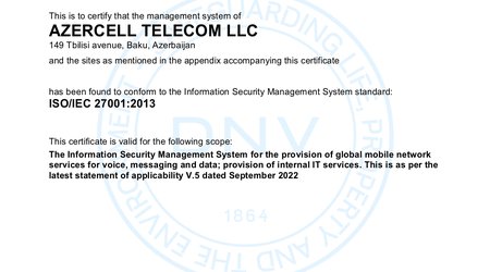 Azercell affirms its customer information protection practice accords with international standards once again