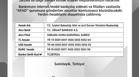Türkiyədə zəlzələ ilə bağlı yardım etmək istəyən vətəndaşların nəzərinə!