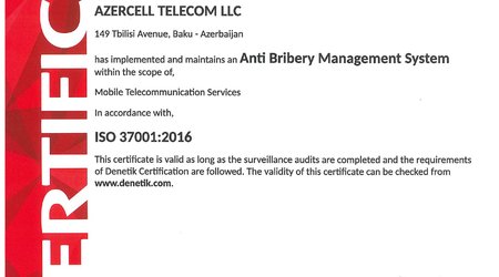 Azercell has successfully renewed its ISO 37001:2016 "Anti Bribery Management System" certificate