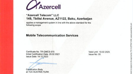 Компания Azercell удостоена международного сертификата по управлению качеством