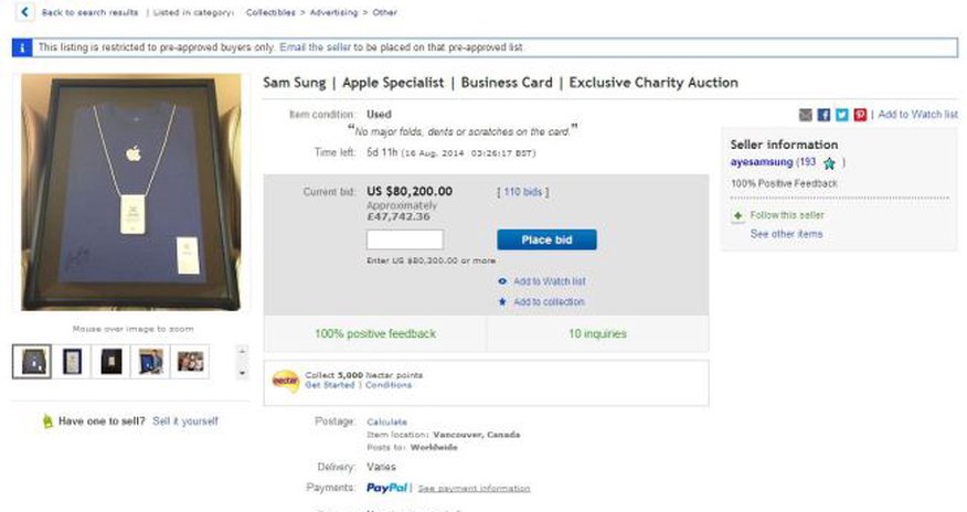 Apple employee Sam Sung auctions unique business card - PHOTO Apple employee Sam Sung auctions unique business card - PHOTO