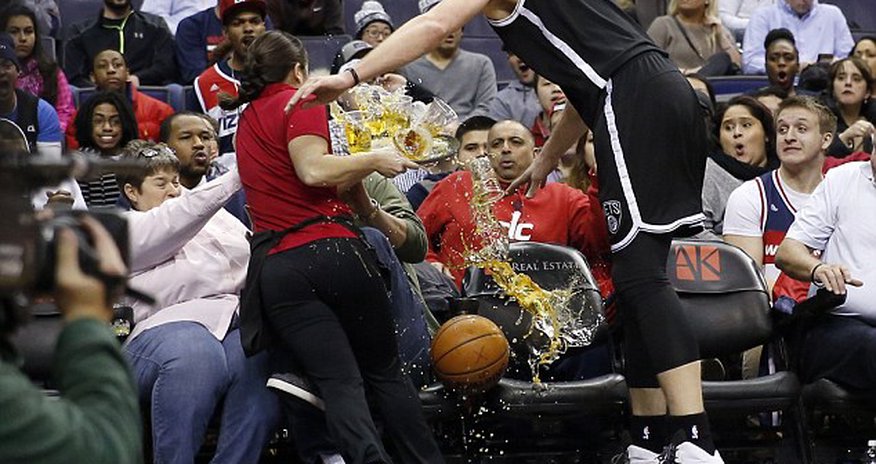 Brooklyn Nets center crashes into courtside waitress Brooklyn Nets center crashes into courtside waitress