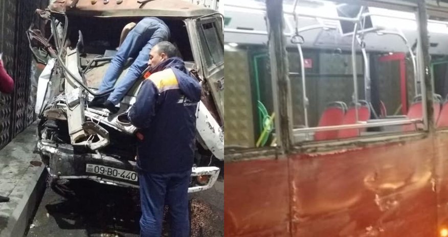 Bakıda yük maşını dörd avtomobilə və avtobusa çırpıldı - Fotolar Bakıda yük maşını dörd avtomobilə və avtobusa çırpıldı - Fotolar