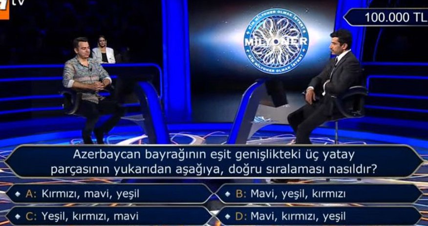 Kim milyoner olmaq ister? verlişində Azərbaycan bayrağı ilə bağlı suala səhv cavab verilib - Video Kim milyoner olmaq ister? verlişində Azərbaycan bayrağı ilə bağlı suala səhv cavab verilib - Video