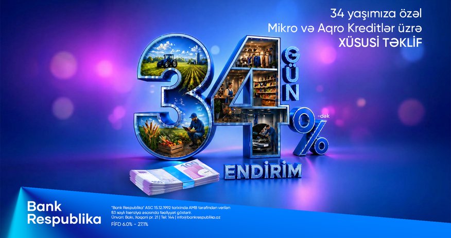 Bank Respublika sahibkarlara “34 GÜN - 34% ENDİRİM” kampaniyasına start verib Bank Respublika sahibkarlara “34 GÜN - 34% ENDİRİM” kampaniyasına start verib