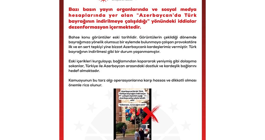 Türkiyə Prezident Administrasiyası Azərbaycanda bayrağın endirilməsi ilə bağlı iddiaları təkzib edib Türkiyə Prezident Administrasiyası Azərbaycanda bayrağın endirilməsi ilə bağlı iddiaları təkzib edib